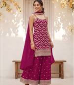 Rani pink silk blend zari work semi stitched salwar suits