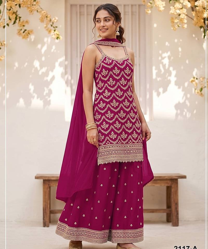 Rani pink silk blend zari work semi stitched salwar suits