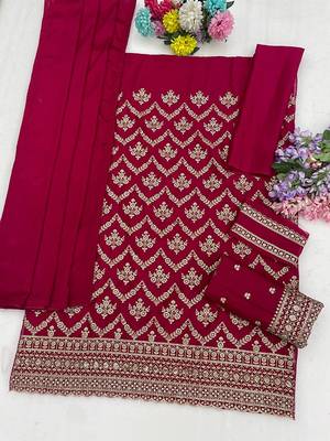 Rani pink silk blend zari work semi stitched salwar suits 2