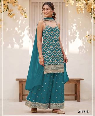 Teal silk blend zari work semi stitched salwar suits 1