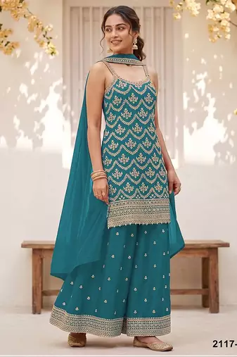 Teal silk blend zari work semi stitched salwar suits