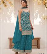 Teal silk blend zari work semi stitched salwar suits
