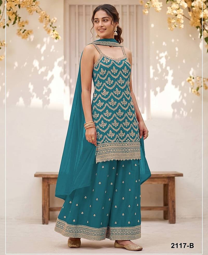 Teal silk blend zari work semi stitched salwar suits