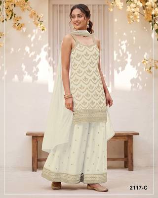 White silk blend zari work semi stitched salwar suits 1