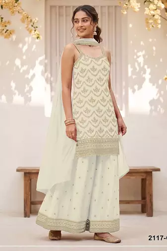 White silk blend zari work semi stitched salwar suits