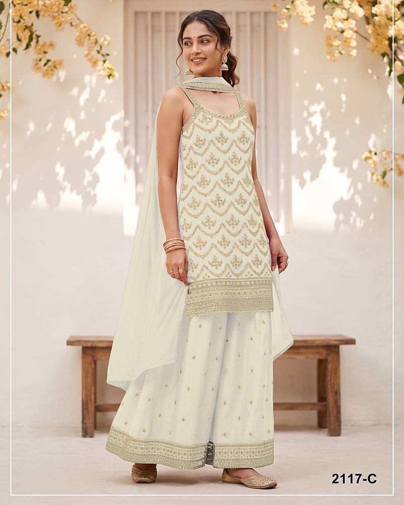 White silk blend zari work semi stitched salwar suits