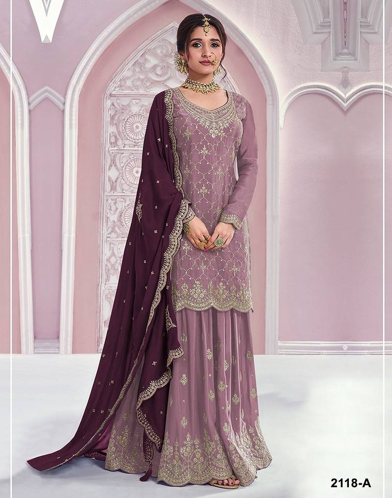 Dusty purple silk blend zari work semi stitched salwar suits