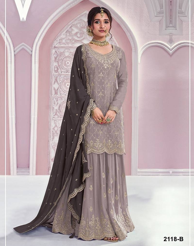 Grey silk blend zari work semi stitched salwar suits
