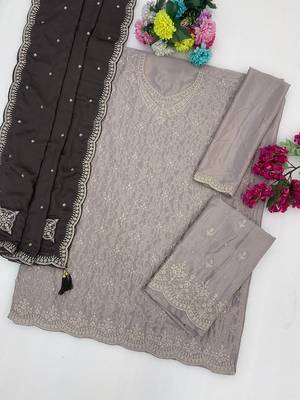 Grey silk blend zari work semi stitched salwar suits 2
