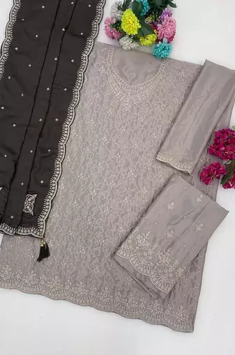 Grey silk blend zari work semi stitched salwar suits