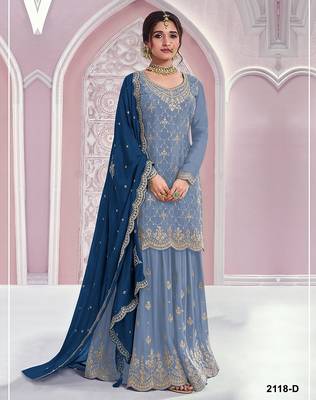 Sky blue silk blend zari work semi stitched salwar suits 1