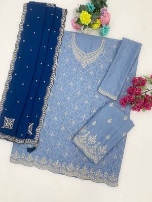 Sky blue silk blend zari work semi stitched salwar suits 2