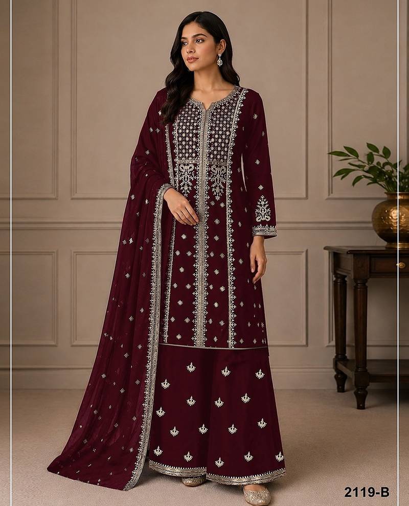 Maroon faux georgette sequins work semi stitched salwar suits