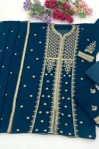 Navy blue faux georgette sequins work semi stitched salwar suits