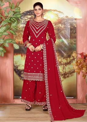 Deep red faux georgette zari work semi stitched salwar suits 1