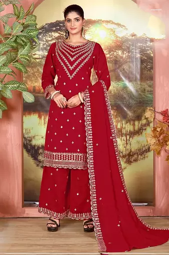 Deep red faux georgette zari work semi stitched salwar suits