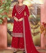 Deep red faux georgette zari work semi stitched salwar suits