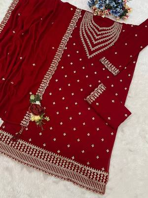 Deep red faux georgette zari work semi stitched salwar suits 2