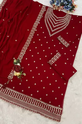 Deep red faux georgette zari work semi stitched salwar suits
