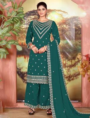 Teal faux georgette zari work semi stitched salwar suits 1