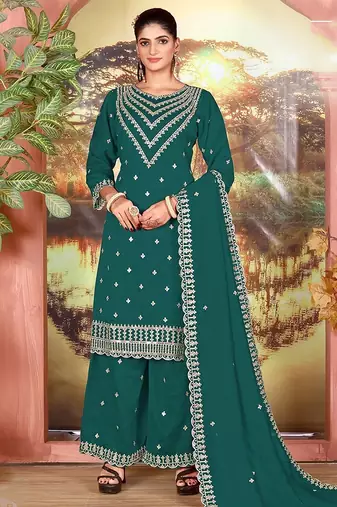 Teal faux georgette zari work semi stitched salwar suits