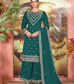 Teal faux georgette zari work semi stitched salwar suits