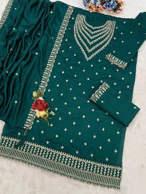 Teal faux georgette zari work semi stitched salwar suits 2