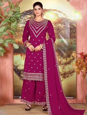 Deep pink faux georgette zari work semi stitched salwar suits 1