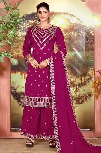 Deep pink faux georgette zari work semi stitched salwar suits