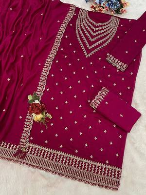 Deep pink faux georgette zari work semi stitched salwar suits 2