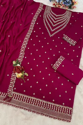 Deep pink faux georgette zari work semi stitched salwar suits