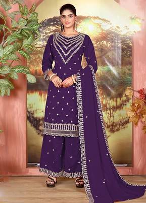 Purple faux georgette zari work semi stitched salwar suits 1
