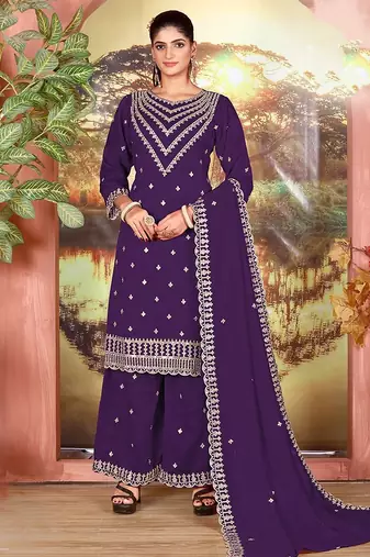 Purple faux georgette zari work semi stitched salwar suits