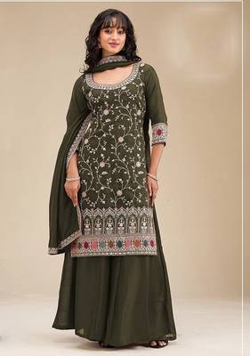 Mehendi green silk blend sequins work semi stitched salwar suits 1