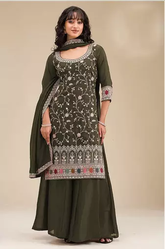 Mehendi green silk blend sequins work semi stitched salwar suits