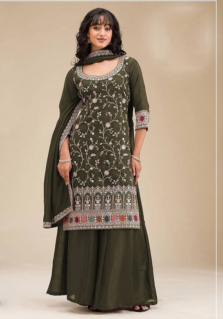 Mehendi green silk blend sequins work semi stitched salwar suits