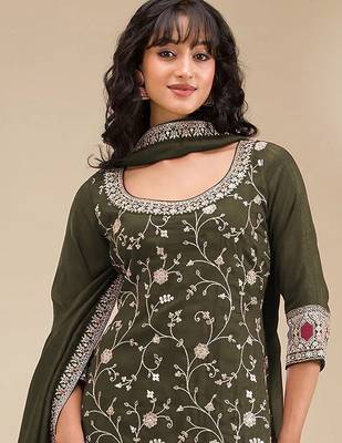 Mehendi green silk blend sequins work semi stitched salwar suits 2
