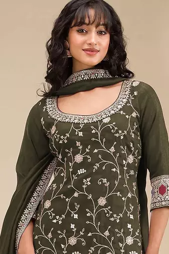 Mehendi green silk blend sequins work semi stitched salwar suits