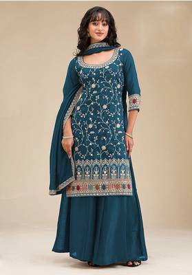 Teal silk blend sequins work semi stitched salwar suits 1