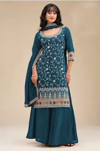Teal silk blend sequins work semi stitched salwar suits