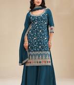 Teal silk blend sequins work semi stitched salwar suits