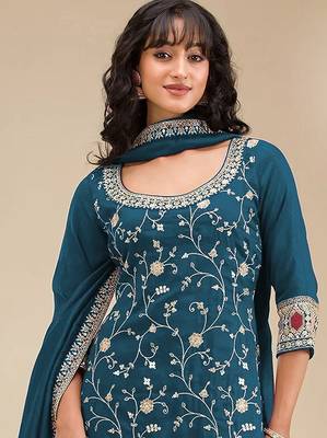 Teal silk blend sequins work semi stitched salwar suits 2
