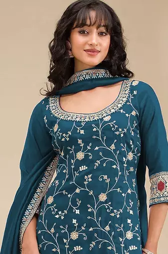 Teal silk blend sequins work semi stitched salwar suits