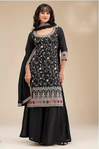Black silk blend sequins work semi stitched salwar suits