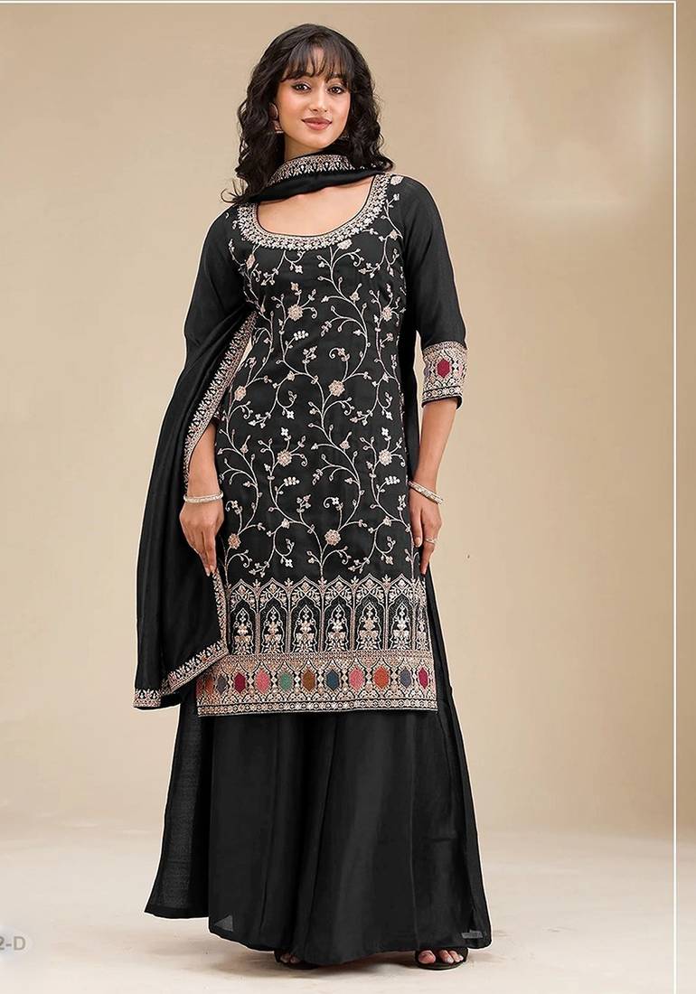 Black silk blend sequins work semi stitched salwar suits