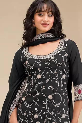Black silk blend sequins work semi stitched salwar suits