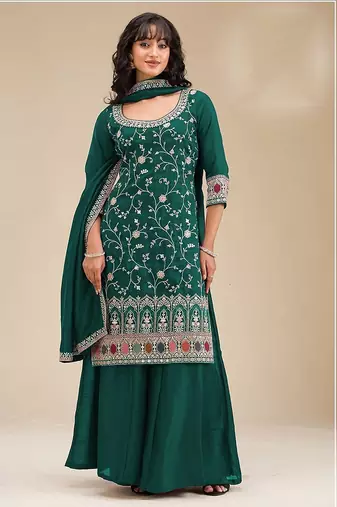 Bottle green silk blend sequins work semi stitched salwar suits