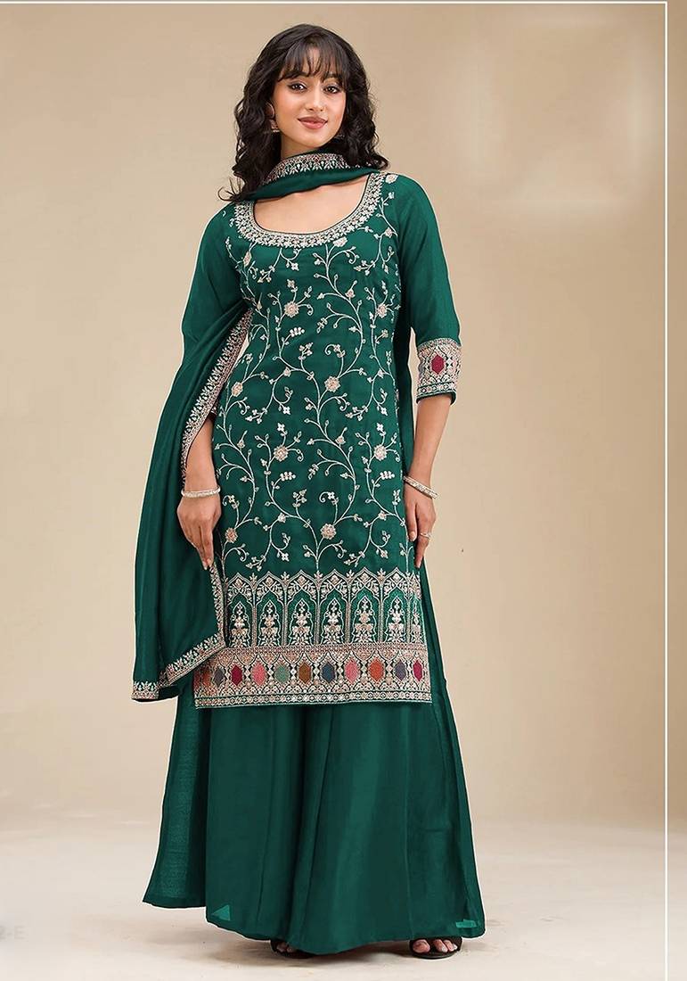 Bottle green silk blend sequins work semi stitched salwar suits