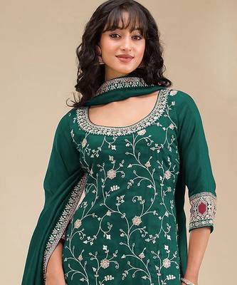 Bottle green silk blend sequins work semi stitched salwar suits 2