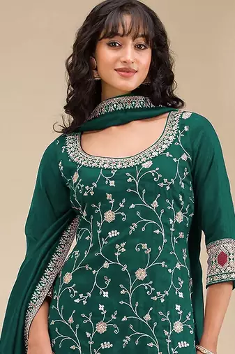 Bottle green silk blend sequins work semi stitched salwar suits